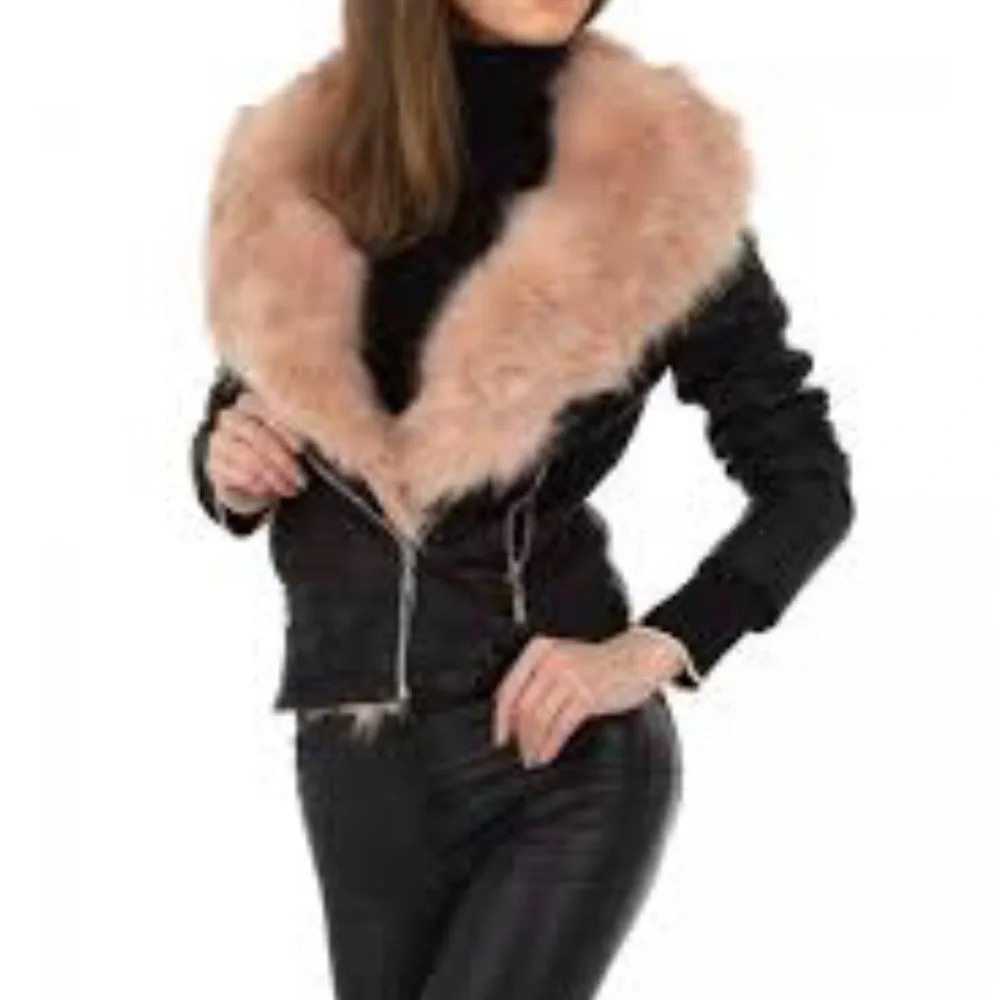 Black Faux Leather Jacket Pink Faux Fur Collar Womens Small US 4 Crop Moto Rebel - Picture 15 of 16